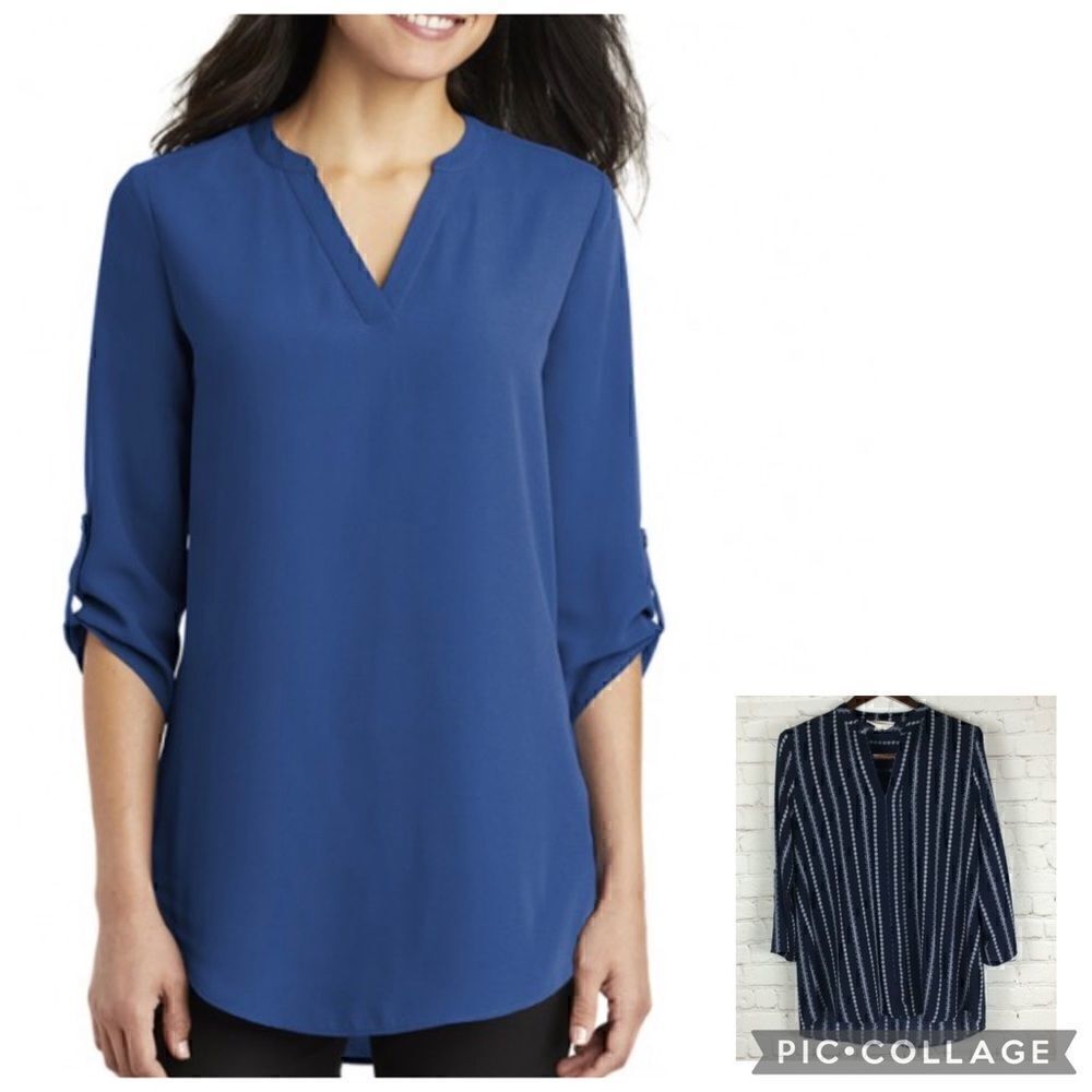 Sweet Wanderer crepe 3/4 sleeve draped pleated tunic size large navy pinstripe
